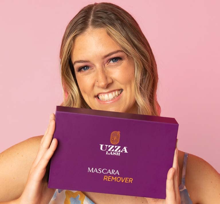 UZZA Lash Eye Makeup Remover - Waterproof Mascara Remover for Sensitive Eyes - Natural Make up Remover - Hygienic Kit Includes Eyelash Brush, Reusable Pads, Cleanser Liquid 1oz