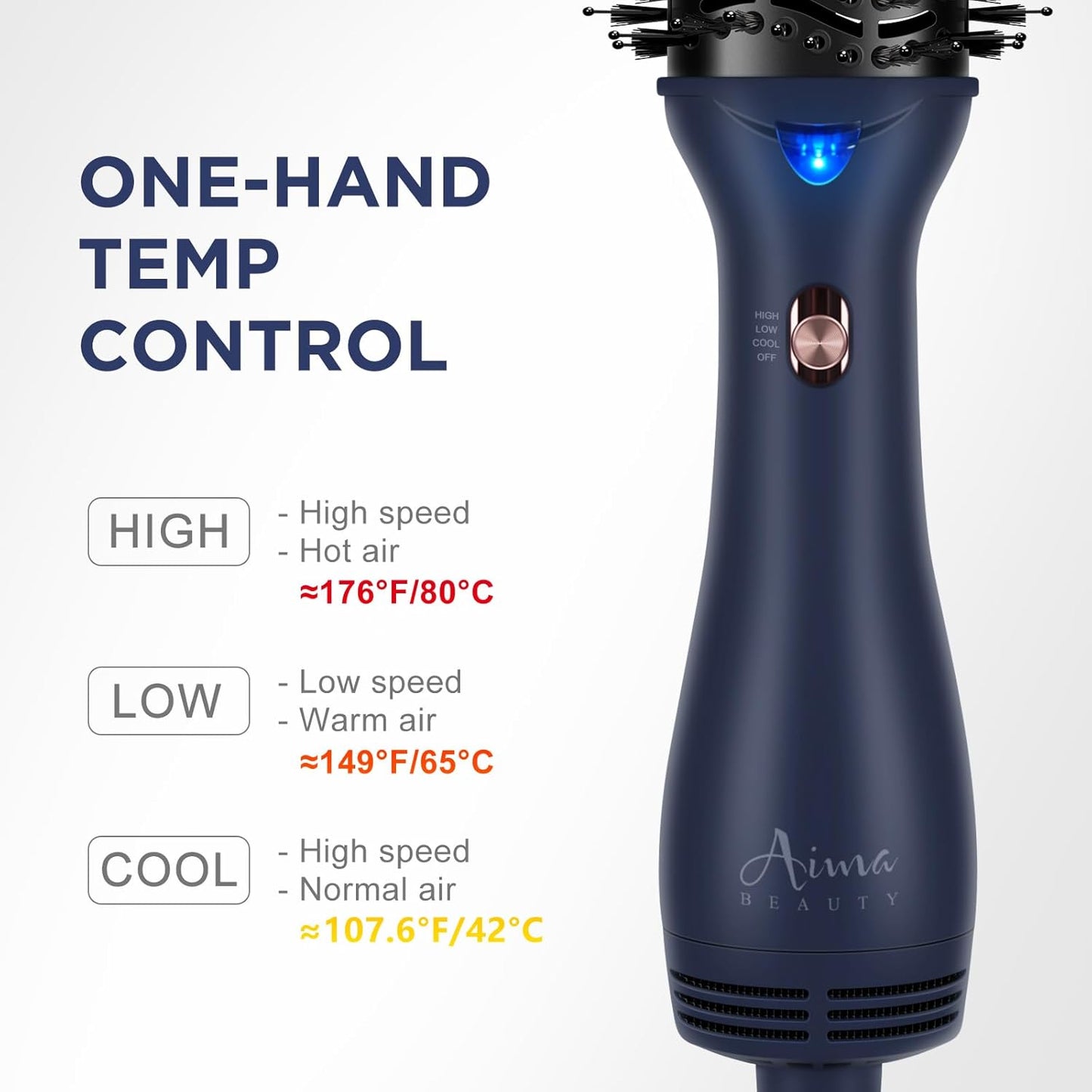 One Step Hair Dryer & Volumizing Brush, Aima Beauty Hair Styling Tool - Ceramic Straightener, Curler, Hot Air Styler & Ionic Salon Brush, Prussian Blue