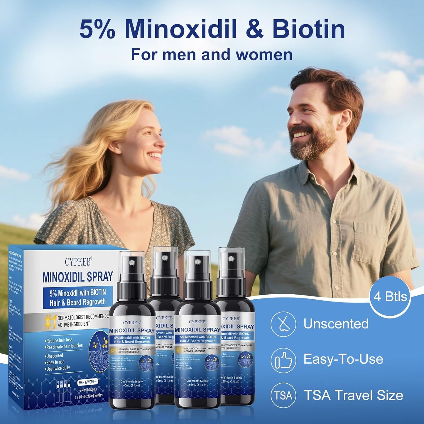 5% Minoxidil Spray for Men and Women, Infused with Biotin, Hair and Beard Regrowth Treatment, Extra Strength Treatment to Combat Hair Loss and Thinning, 4 Month Supply, 4 Bottles