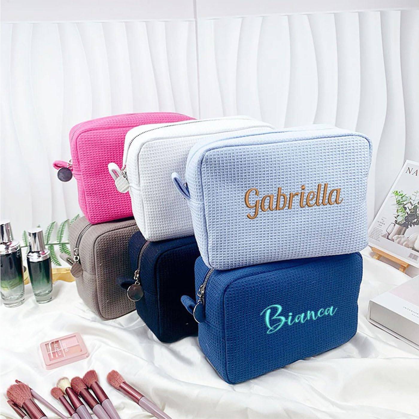 GOPHIE Personalized Embroidered Makeup Bag,Custom Waffle Fabric Cosmetic Pouch for Women, Travel Makeup Pouch (1, Sky Blue)