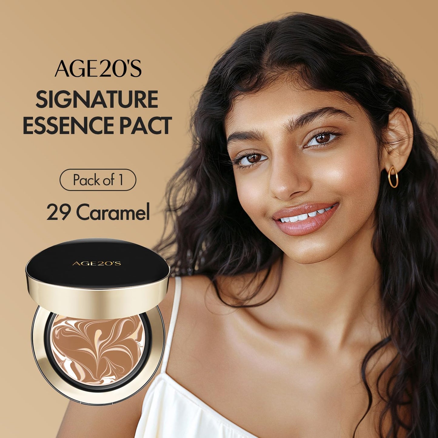 AGE20'S Signature Essence Pact SPF 50+ | Pack of 1 | 29 Caramel | Cream Foundation, Dewy Finish, Natural Coverage | Korean Cushion Foundation