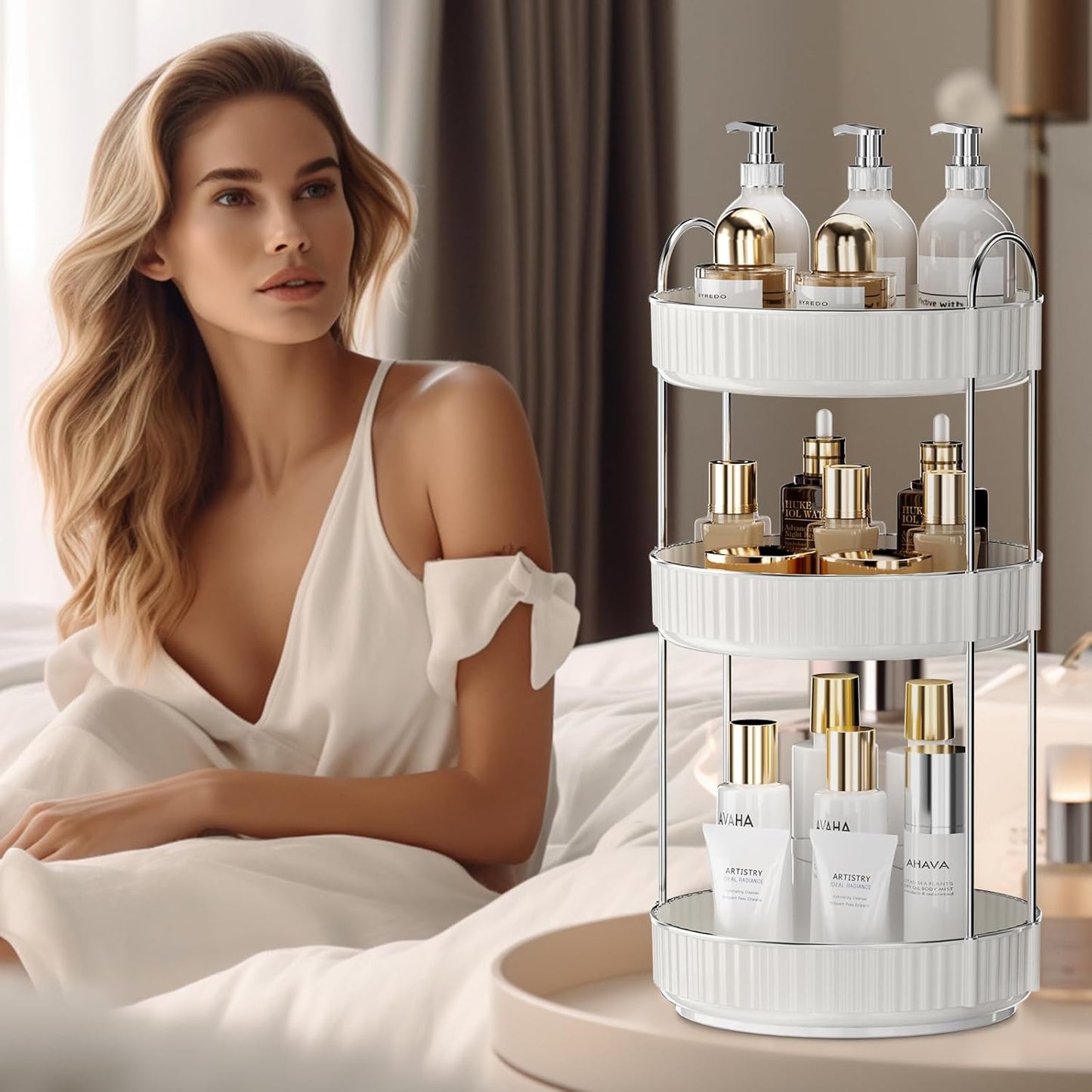 Rotating Makeup Organizer for Vanity,3 Tier High-Capacity Skincare Clear Make Up Storage Perfume Organizers Cosmetic Dresser Organizer Countertop 360 Spinning