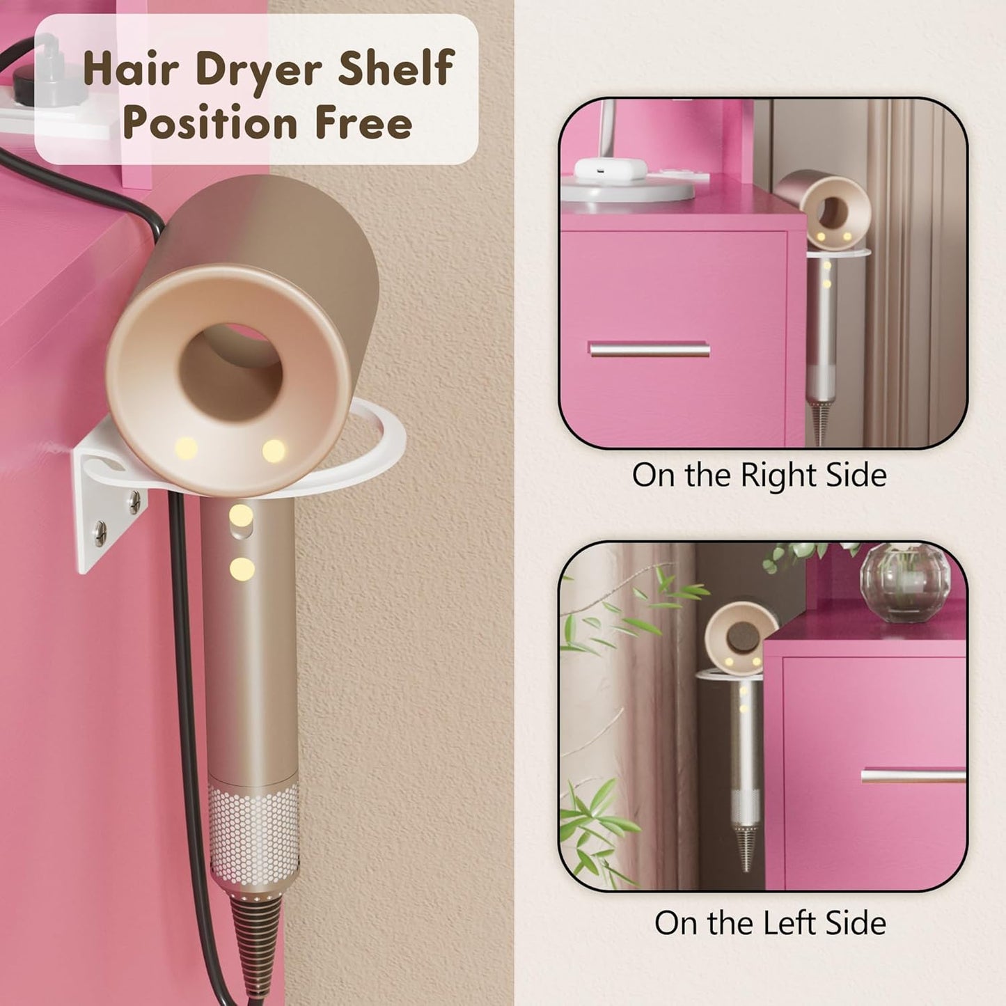 YESHOMY Vanity Desk with Mirror, Power Outlet and 10 Lights, Makeup Table with 7 Drawers, 3 Color Modes Available for Bedroom, Pink