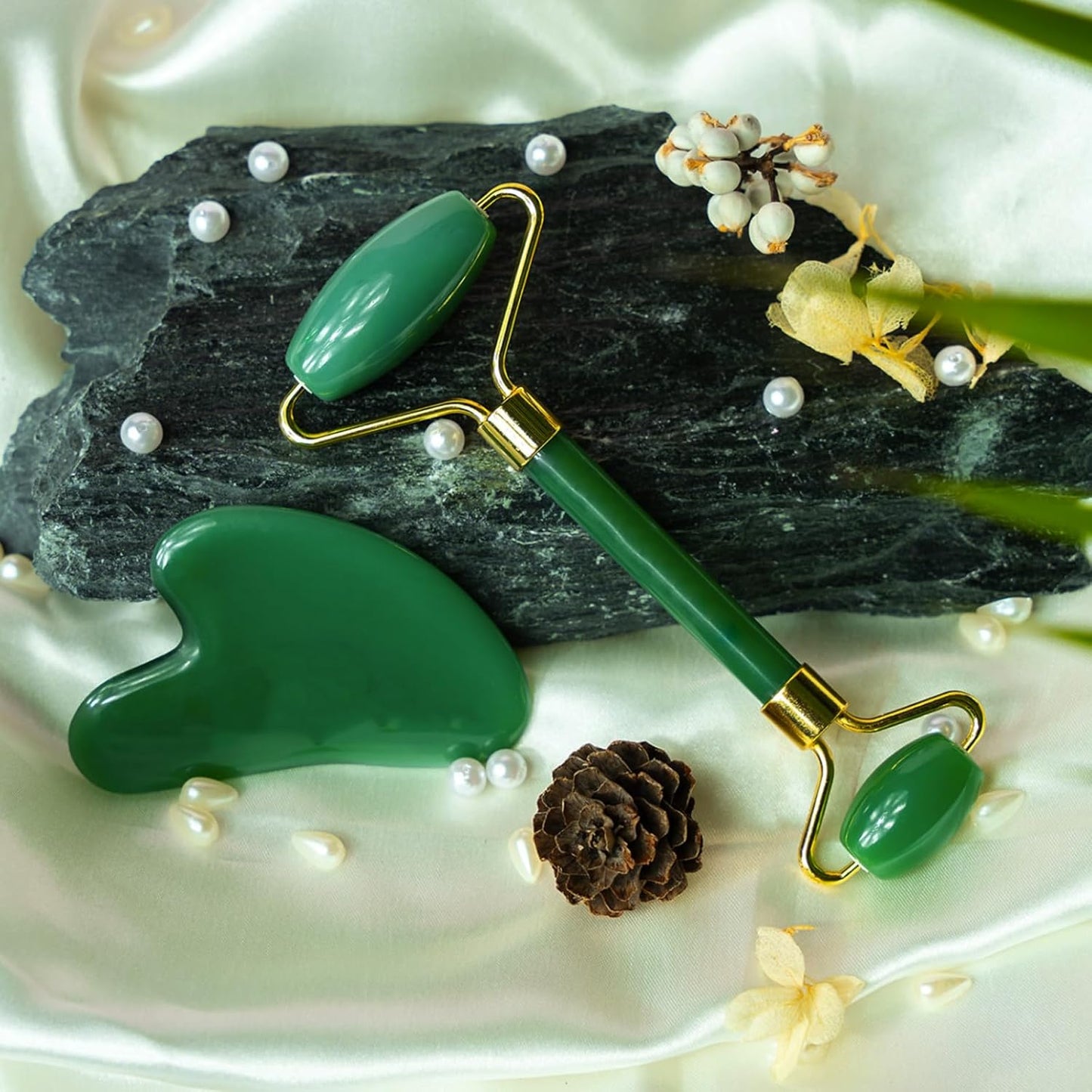 Gua Sha Facial Tools & Face Roller by ROSELYNBOUTIQUE Original Face Massager for Puffiness Wrinkless Skin Care Routine - Self Care Gift for Men Women (Aventurine)