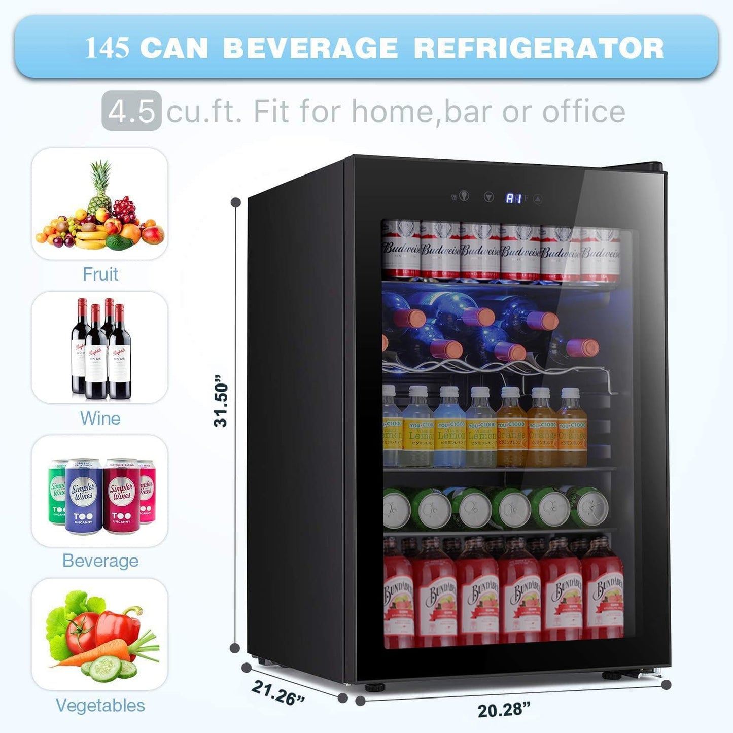 Antarctic Star Beverage Refrigerator -150 Can Mini Fridge for Soda Beer or wine,Small Drink Dispenser, For Office or Bar with Adjustable Removable Shelves,4.5 Cu. Ft. (Black)