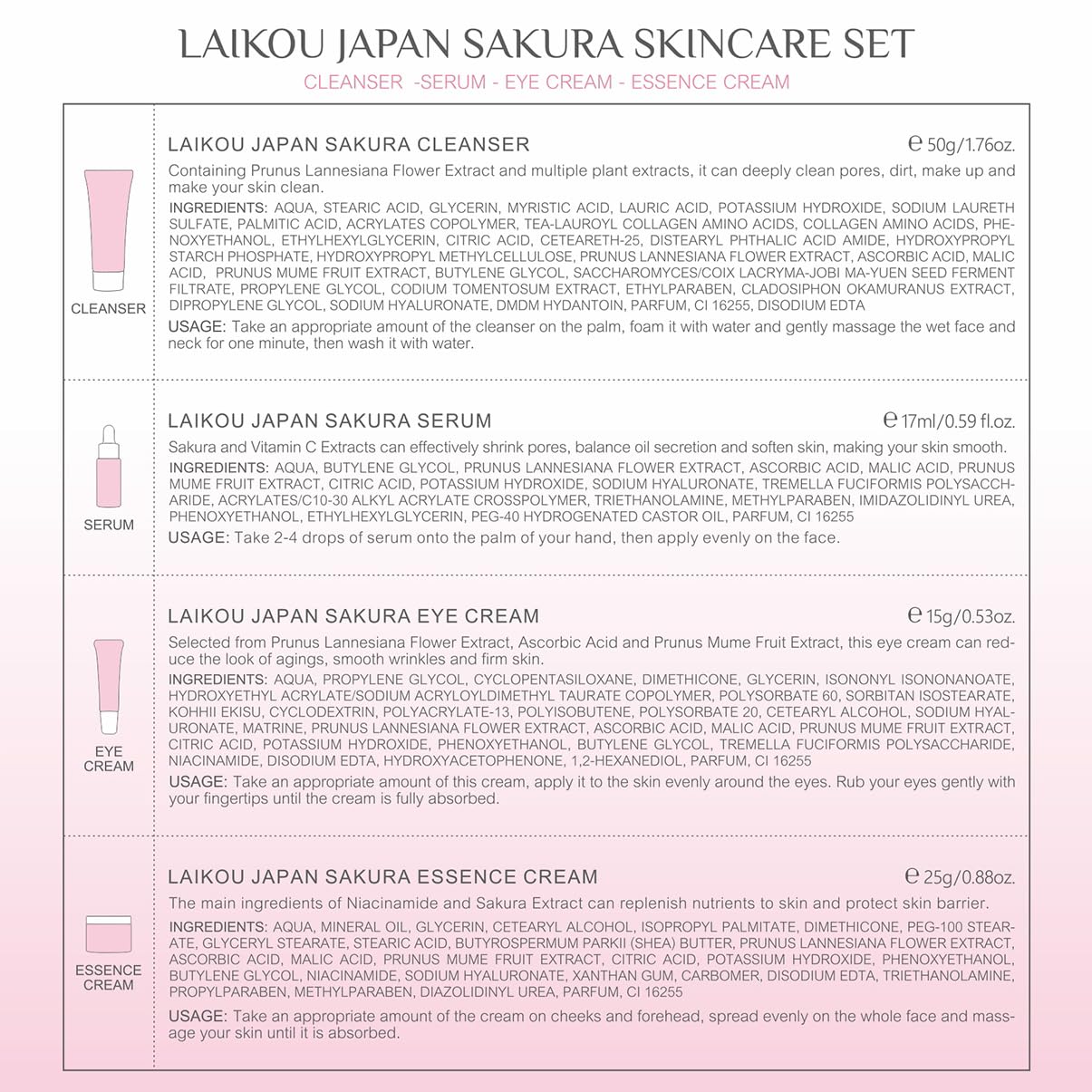 Skin Care Set JAPAN SAKURA Beauty Gift Sets Skin Care Kit with Cleanser, Serum, Eye Cream, Face Cream Travel Kit for Women Mom Wife Teen Girls Gentle Skin Cleaning TSA-friendly Sizes 4pcs