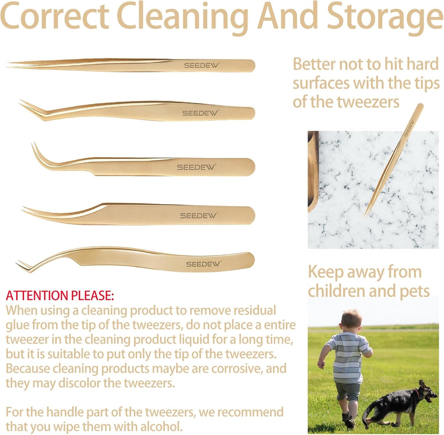 Tweezers Box Set, 5 PCS Isolation Pointy Precision Professional Stainless Tweezers with a PU Storage Case, Organizer Kit for Eyelash Extension, Beginner Lash Tech, Crafts Repair(White, Golden)