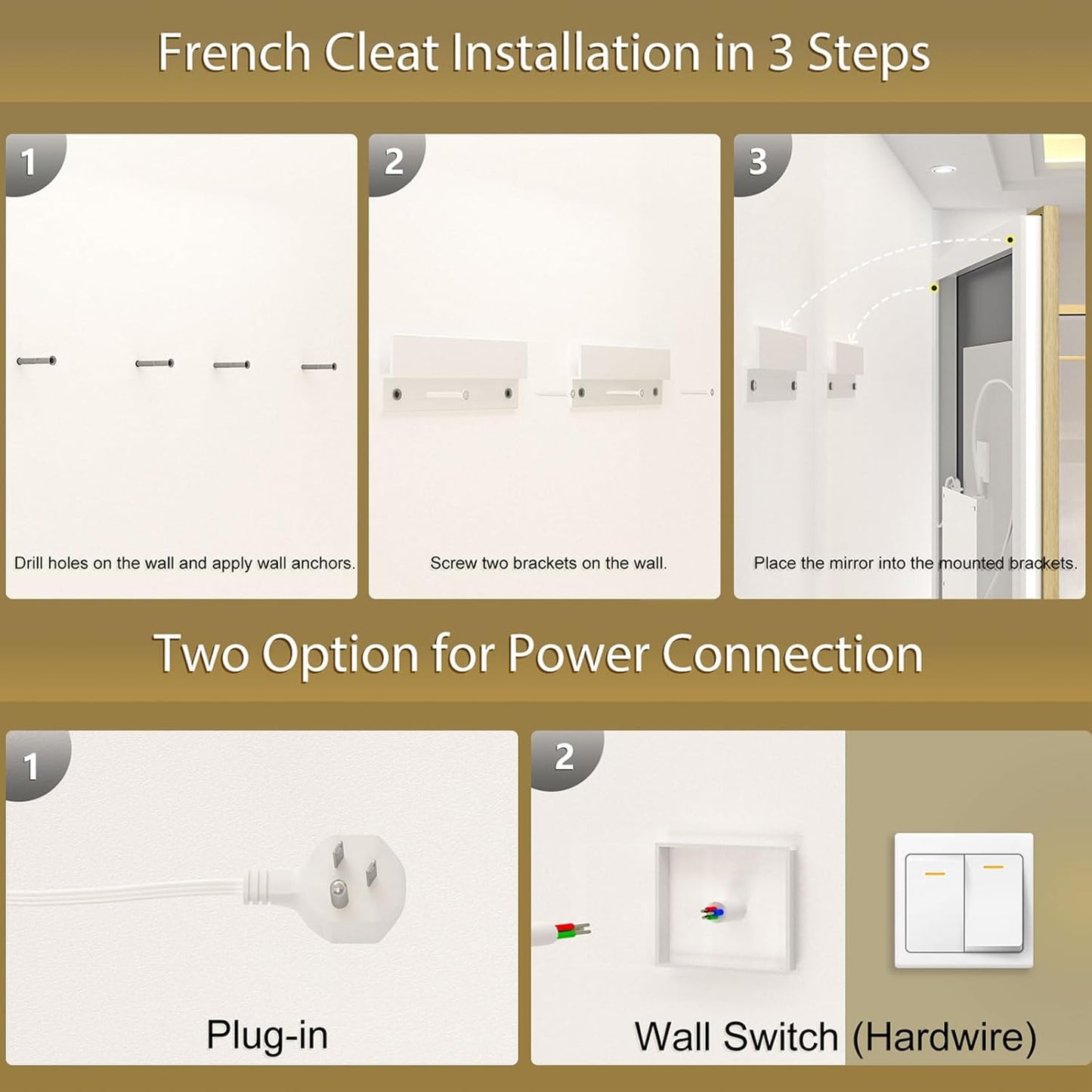 OKPAL 48x32 Gold LED Mirror for Bathroom with Frontlit & Backlit, Metal Framed Lighted Bathroom Mirror with Lights, Anti-Fog, Dimmable 3 Colors, Shatterproof, Horizontal/Vertical