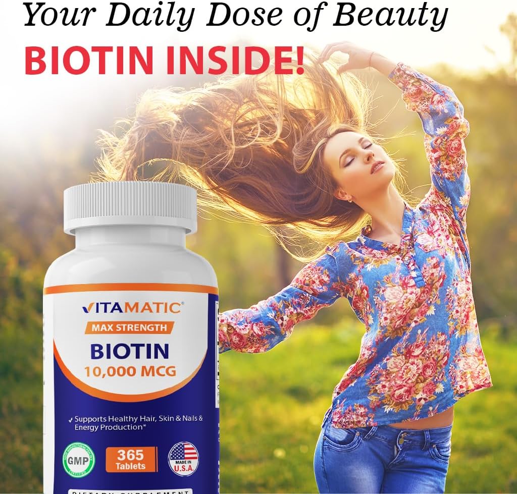 Vitamatic Biotin 10,000 mcg (10 mg) for Stronger Hair, Skin & Nails - 365 Vegan Tablets- Also Called Vitamin B7