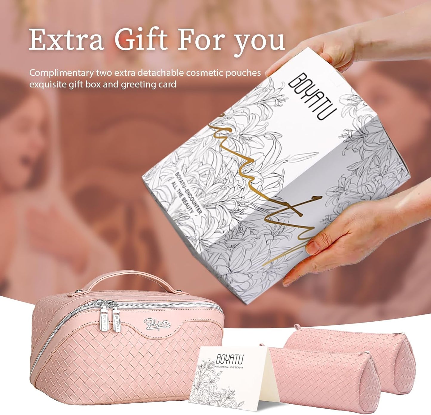 BOYATU Travel Makeup Bags for Women: Large Cosmetic Bag Waterproof - Vegan Leather Make up Bag Set of 3 - Compact Toiletry Organizer with Compartments & Handle & Divider (L02 Light Pink)