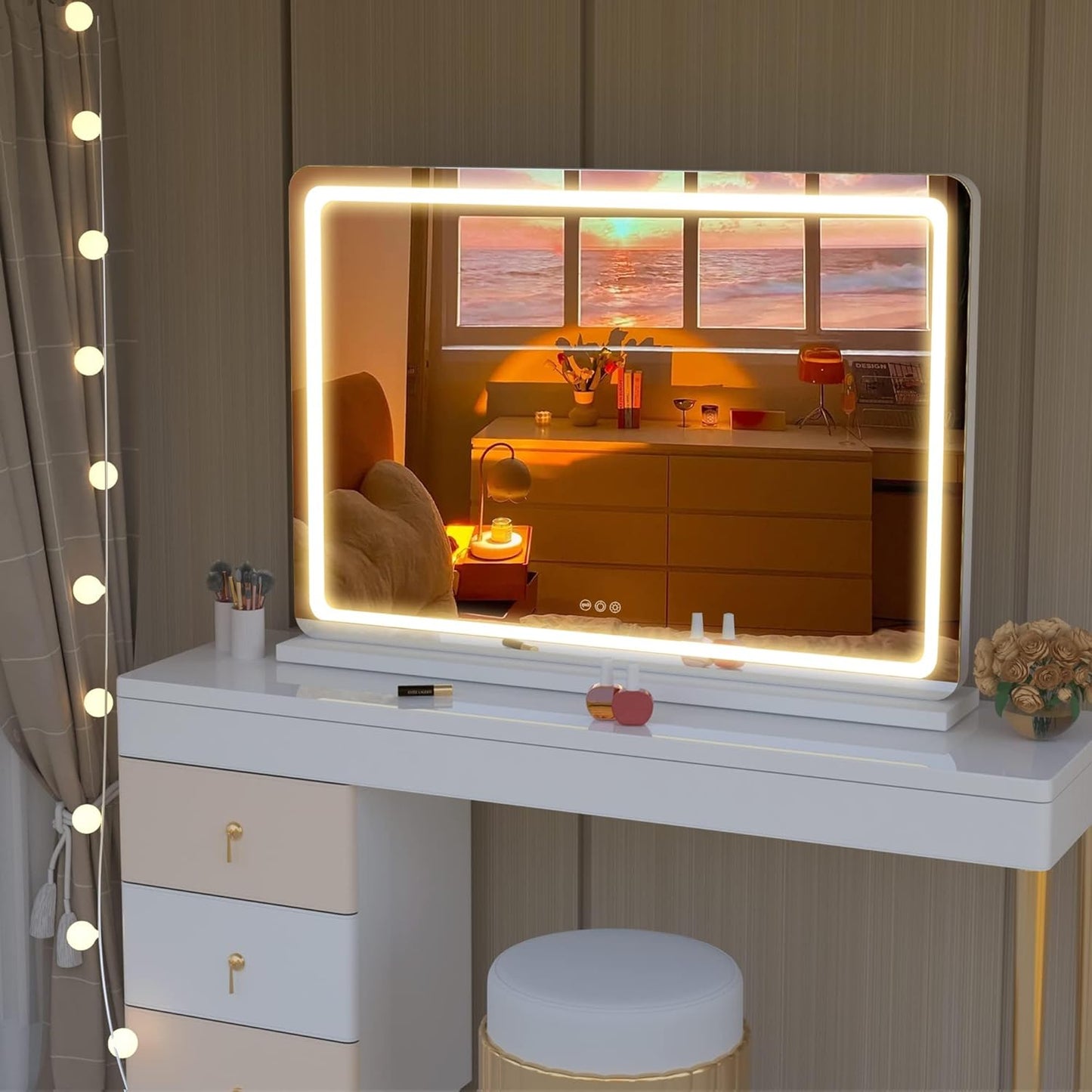Hasipu Vanity Mirror with Lights, 22.8" x 18" LED Makeup Mirror, Lighted Makeup Mirror with Dimmable 3 Modes, Touch Screen Control Vanity Mirror Round White