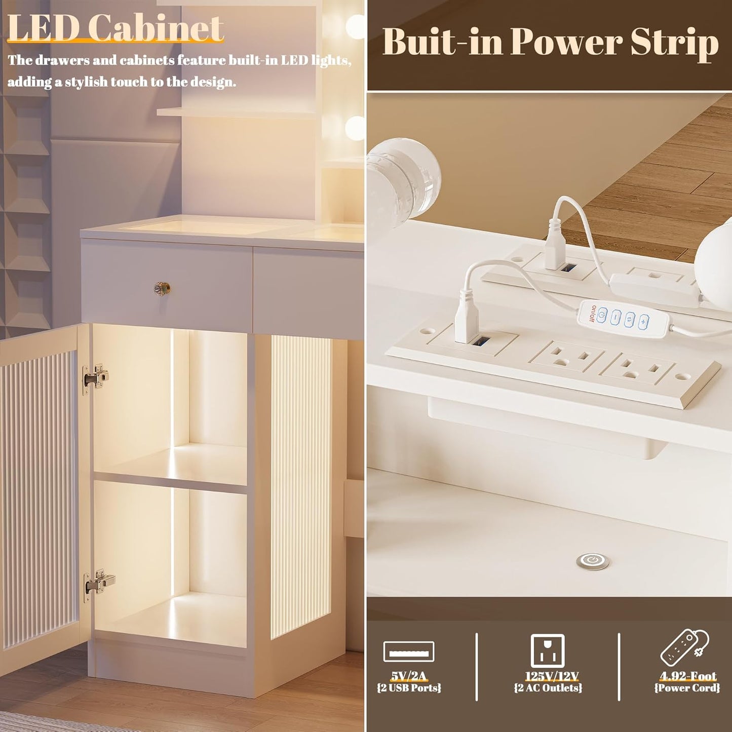 40" Vanity Desk with Large Mirror and Lights, Modern Glass Top Makeup Vanity Set with Power Outlet, Drawers and Cabinet, 3 Lighting Color Adjustable Dressing Table for Bedroom,White