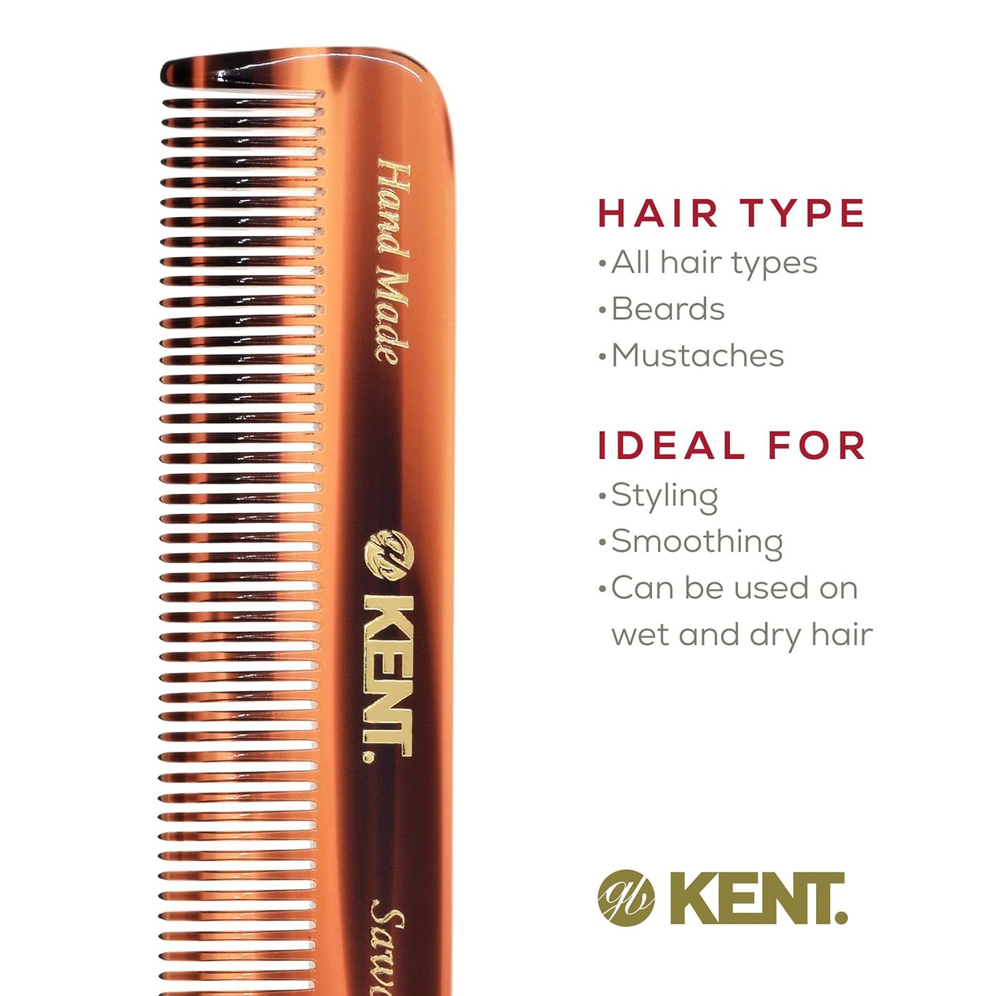Kent FOT Tortoise Fine Tooth Comb for Men - Handmade Pocket Comb for Travel, Styling, Fine or Thinning Hair, Mustache and Beard Care Handpolished Saw-Cut Made in England