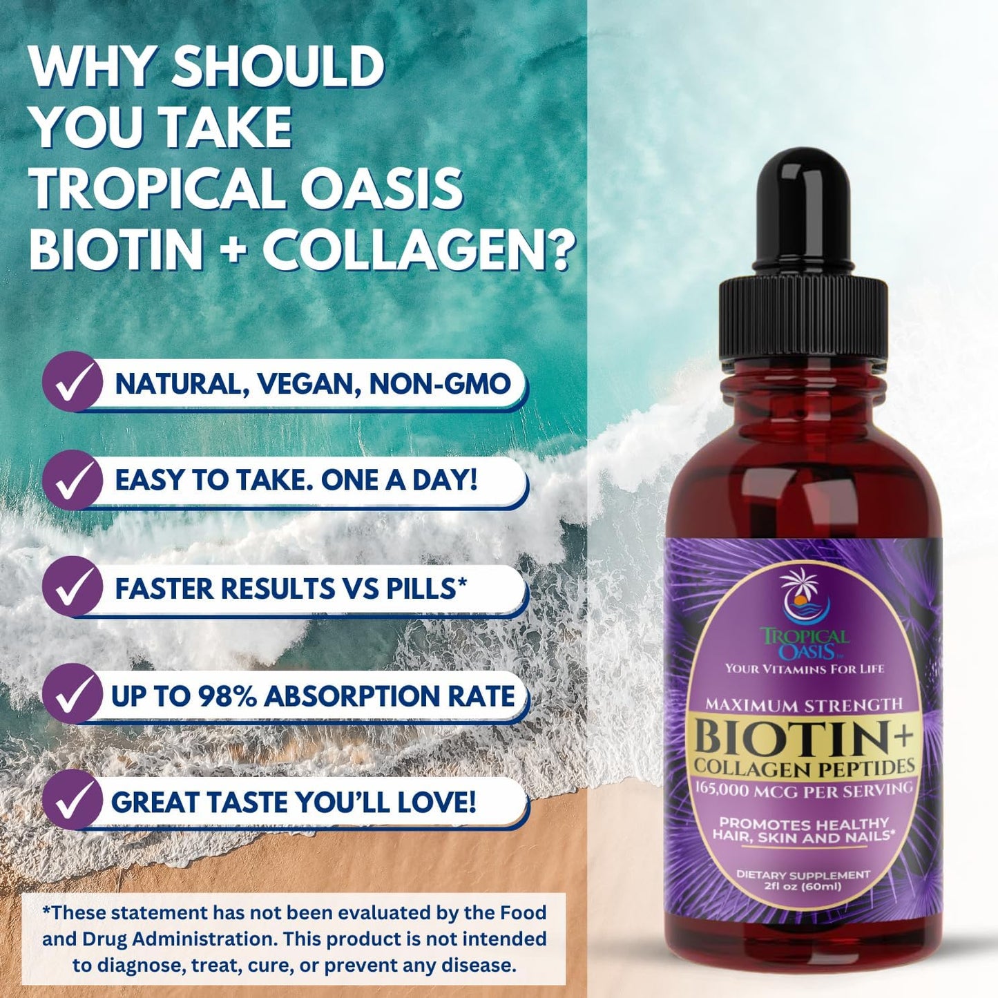 Maximum Strength 165,000mcg Liquid Biotin & Collagen Drops – Vitamins for Hair Growth for Women & Men – Supports Healthy Hair, Radiant Skin & Strong Nails – 98% Absorption, Non-GMO, 60 Servings