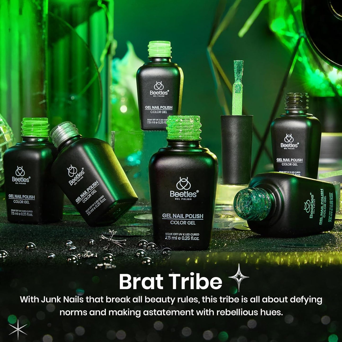 Beetles Neon Green Gel Nail Polish Set, Halloween Black Glitter Silver Brat Tribe Gel Polish with Rhinestones for DIY Nail Art Festival Manicure Gift for Women