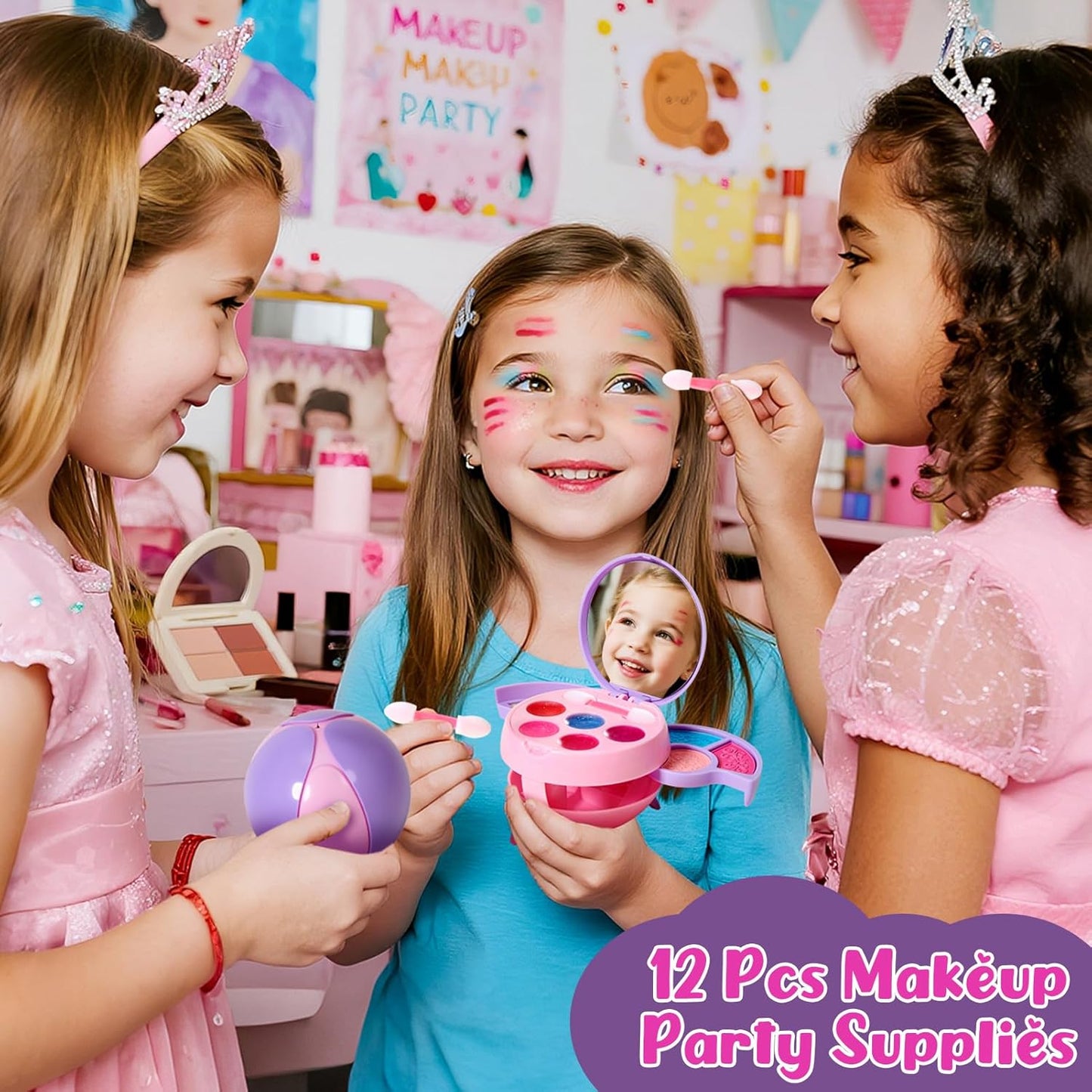 12 Pack Kids Makeup Blind Ball Party Favors - Surprise Cosmetic Blind Balls with Lip Gloss, Eyeshadow & Sponge Blusher (3 Styles, 2 with Mirrors), Party Favors Supplies Gifts for Girls