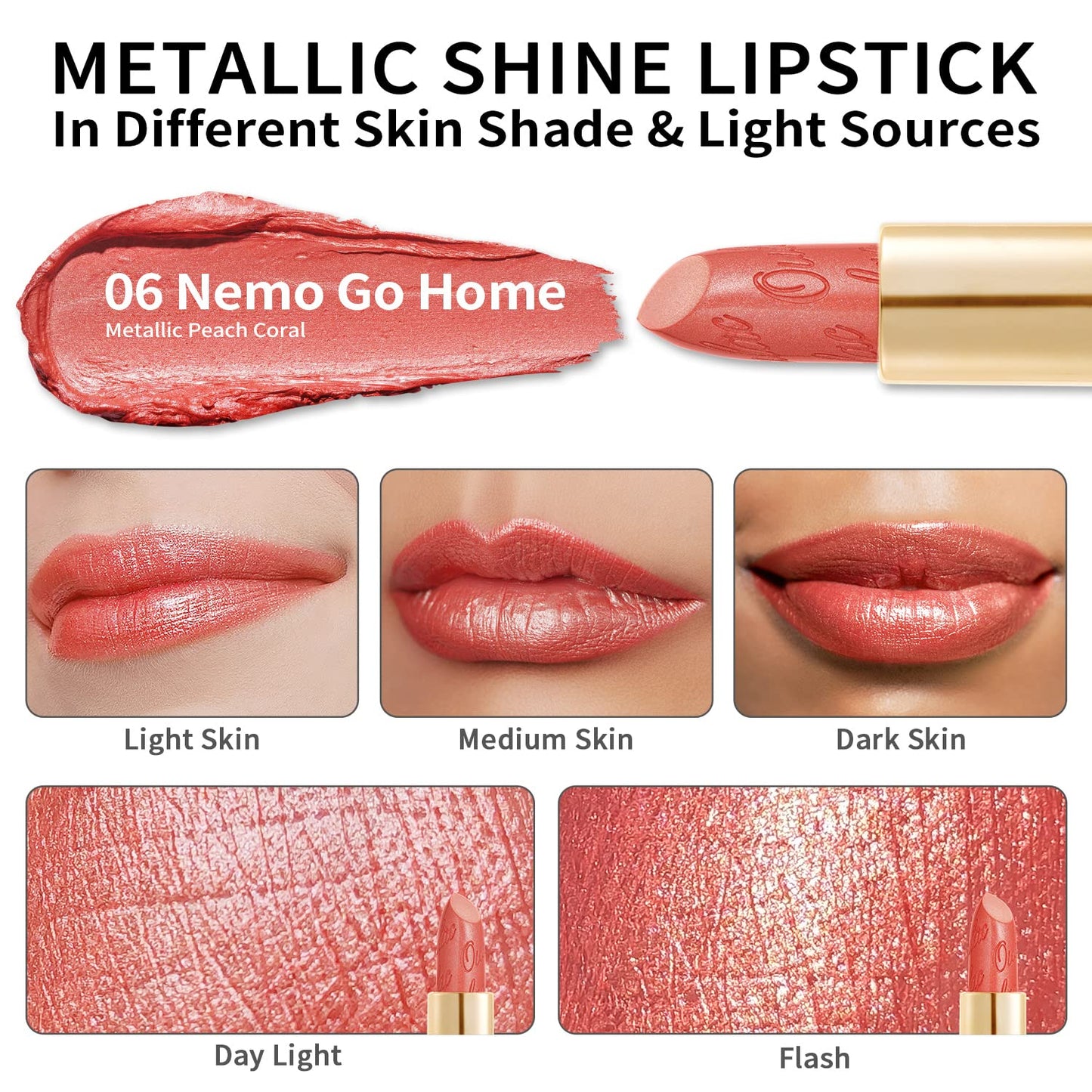 Oulac Coral Pink Lipstick for Women with Metallic 3D Shine Lightweight Hydrating Formula, High Impact Lip Color, Vegan Beauty, Full Coverage Lip Makeup, Christmas Gifts for Women, Nemo Go Home(06)
