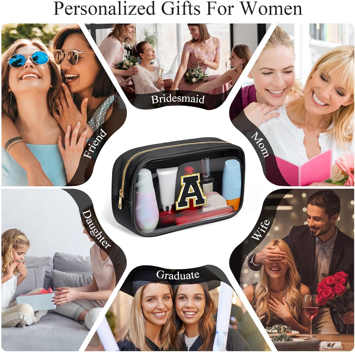 YOOLIFE Travel Toiletry Bag for Women, Black Clear Makeup Bag Cute Make Up Bag for Women Cosmetic Bags Skin Care Makeup Bag Organizer Birthday Gifts for Women Teacher Mother Girlfriend Initial P