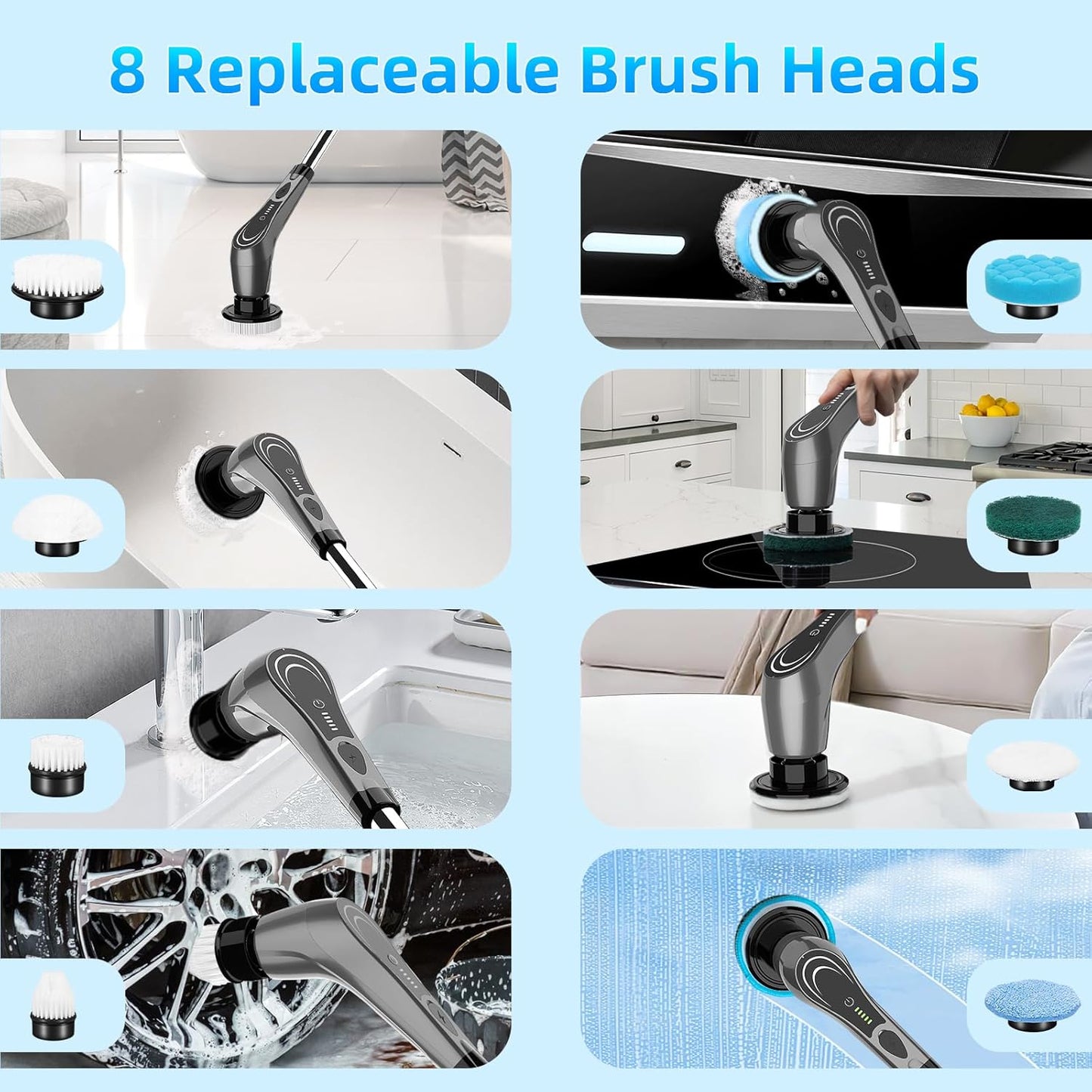 Gray Electric Spin Scrubber, Cordless Spin Scrubber with 8 Replaceable Brush Heads, Electric Scrub Brush with Adjustable Extension Handle, Electric Cleaning Brush for Bathroom, Tile and Bathtub