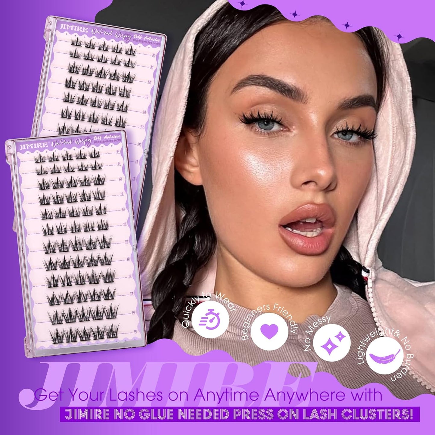 Self Adhesive Eyelashes Manga Lash Clusters Natural Look 8-14MM Wispy Pre Glued Eyelashes Clusters No Glue Needed Press on Lashes Reusable Invisible Band Cluster Eyelash Extensions by JIMIRE