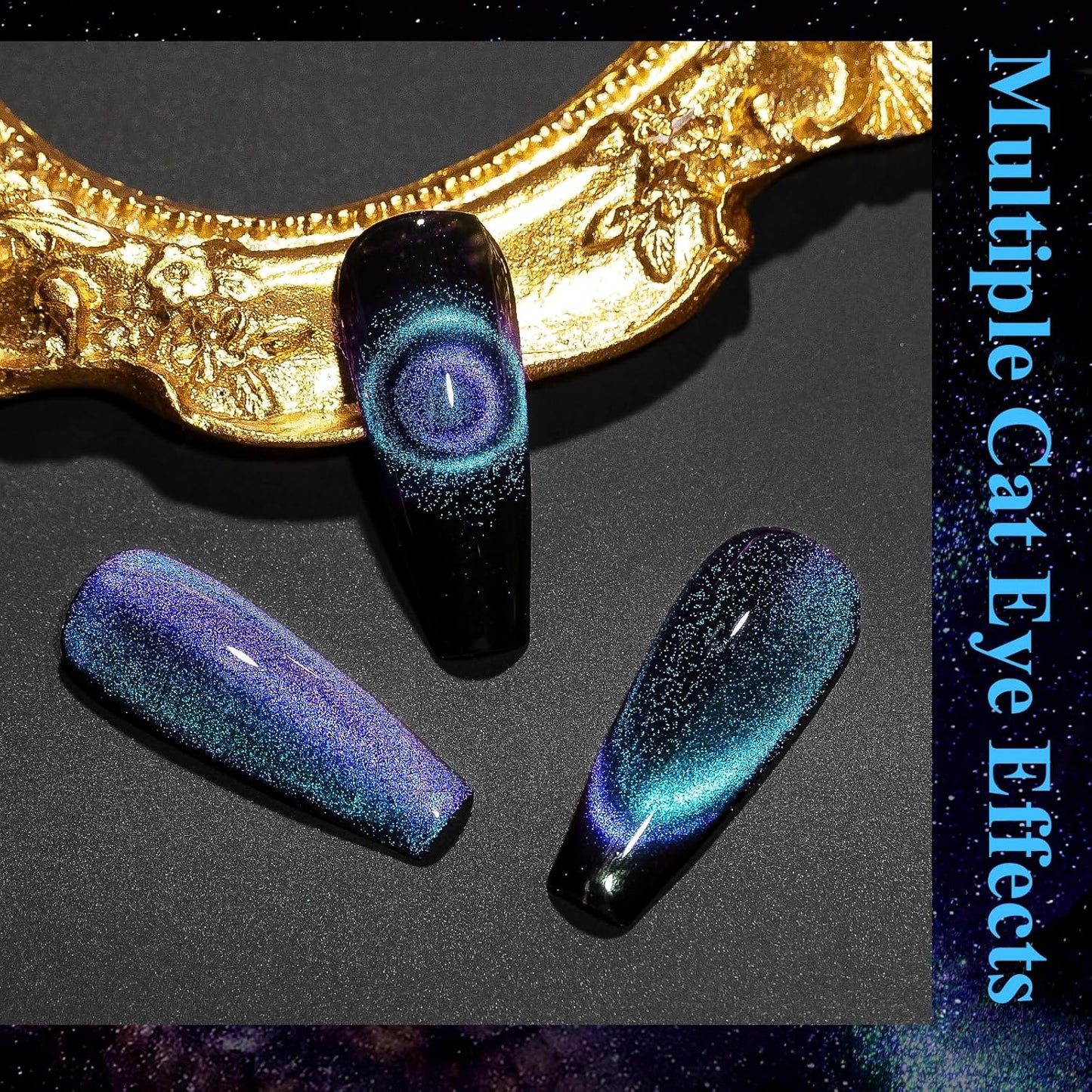 MIZHSE 9D Cat Eye Gel Nail Polish, Dual Colors Blue & Purple Magnetic Gel Polish with Magnet Stick, Magic Chameleon Galaxy Effect Holographic Glitter Silky Cat Eye Nail Polish Soak Off Nail Art Salon