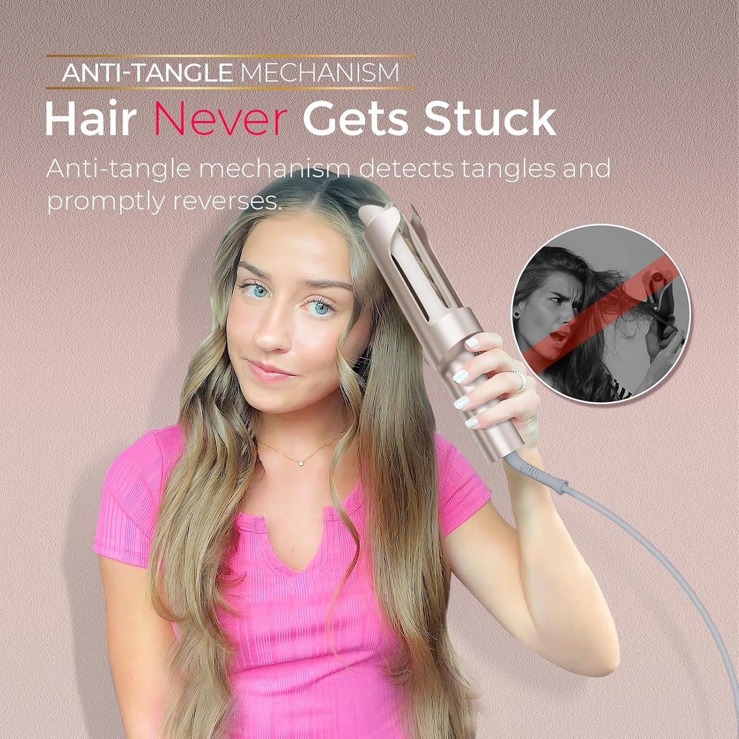 Upgraded Automatic Rotating Curling Iron - TYMO CurlPro Plus Long Barrel Curling Wand for Long Hair, Ceramic Hair Curler for Women, Anti-Scald, Tangle-Free, 600M Ionic, Dual Voltage, Gold, 1 1/4 Inch