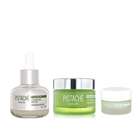 Pistaché Skincare Pistachio Oil Ultimate Face Trio Set + Eye Cream, Hyaluronic Acid Face Serum & Face Moisturizer + Hydrates and Nourishes + Vitamin E + Antioxidant Protection