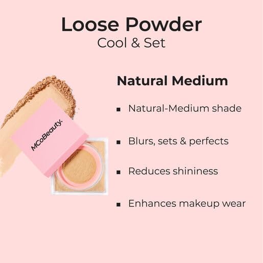 MCoBeauty Loose Powder Cool & Set - Natural Medium, Finely Milled Water-Based Setting Powder, Vegan, Cruelty Free Cosmetics