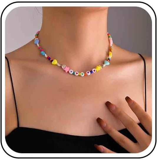 Vintage Seed Bead Choker Necklace Pearl Choker Necklace Colorful Star Heart Necklace Cute Rainbow Necklace Chain Jewelry for Women