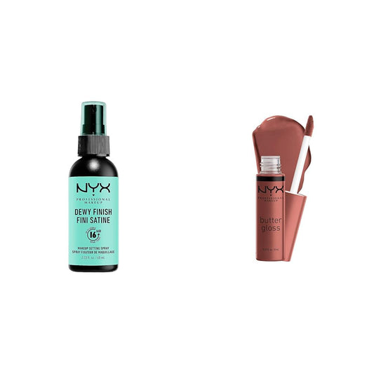 NYX PROFESSIONAL MAKEUP Makeup Setting Spray - Dewy Finish, Long-Lasting Vegan Formula (Packaging May Vary) & Butter Gloss, Non-Sticky Lip Gloss - Praline (Deep Nude)