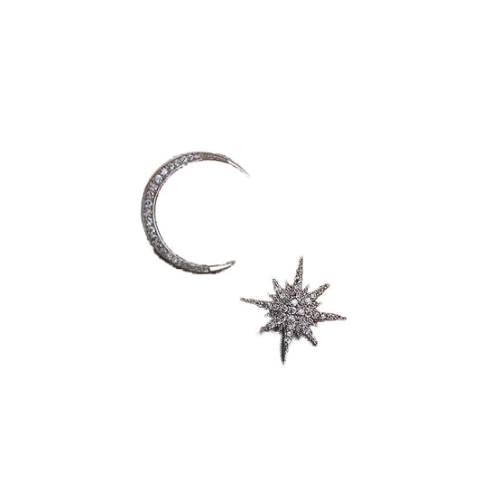 Boho Star Moon Studs Earrings Silver CZ Sunburst Earrings Rhinestone Crescent Moon Earrings Mismatched Earrings Jewelry for Women and Girls