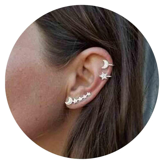 Boho Moon Star Ear Climber Earrings Silver Cz Star Ear Crawler Earrings Vintage Rhinestone Moon Cuff Earrings Cartilage Star Trailing Earrings Celestial Jewelry for Women and Girls Gifts