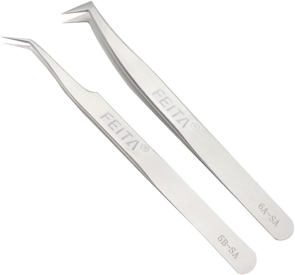 Professional Tweezers Set - FEITA Precision Tweezers with Travel Case - Stainless Steel Tweezers for Plucking, Watchmakers, Jewelry, Electronic, Craft (Silver 7Pcs)