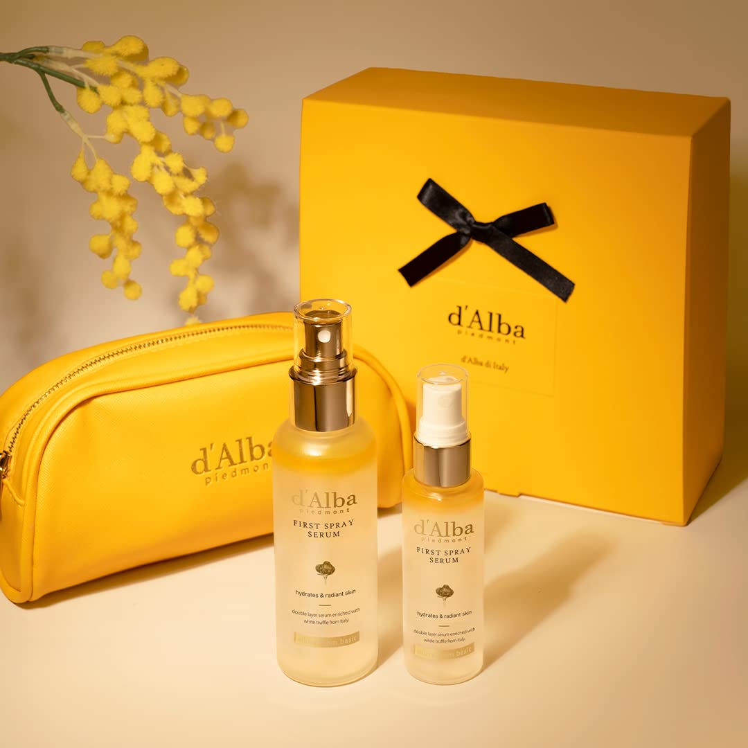 d'Alba Travel Essencial Gift Set, White Truffle First Spray Serum Full Size & Travel Size with Yellow Pouch, Korean Skin Care