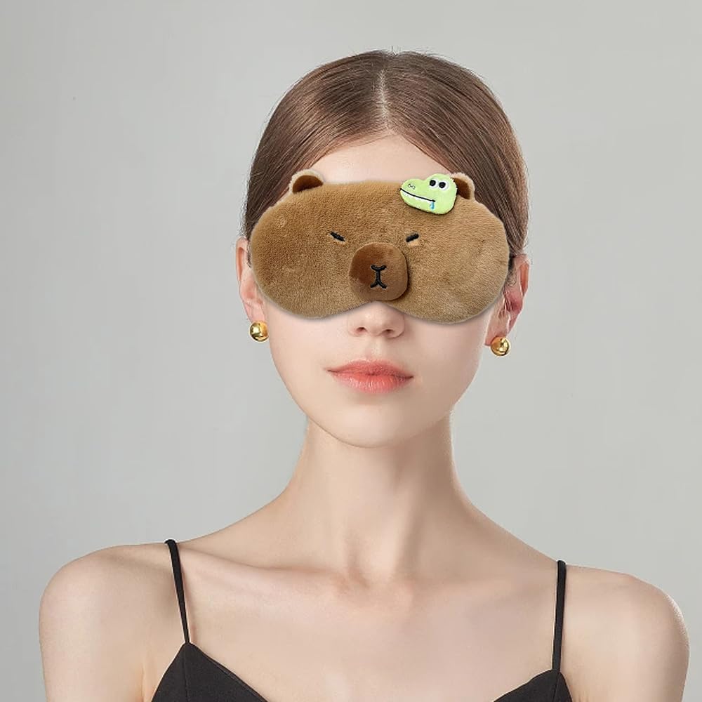 PERFECTSIGHT Cute Plush Eye Mask, Lightweight Adjustable Eyeshade, Faux Fur Cover for Women Men Sleep Travel Nap (Capybara)