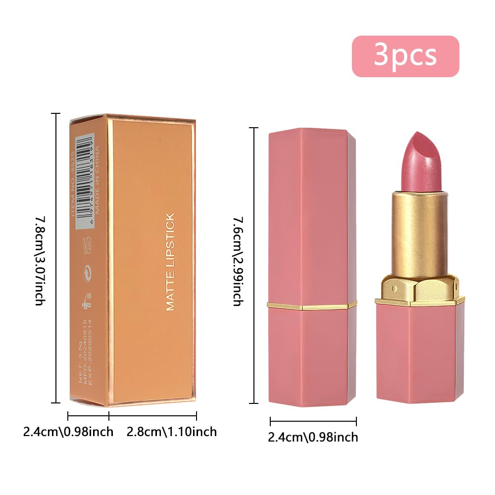 3Pcs Nude Pink Metallic Lipstick Lip Gloss for Women Set,Lightweight Shimmer Frosted Long Lasting Lipstick,Glitter Lip Stain Waterproof Smudge Proof 24 Hour Full Coverage Lip Makeup,Vegan（07,08,09)