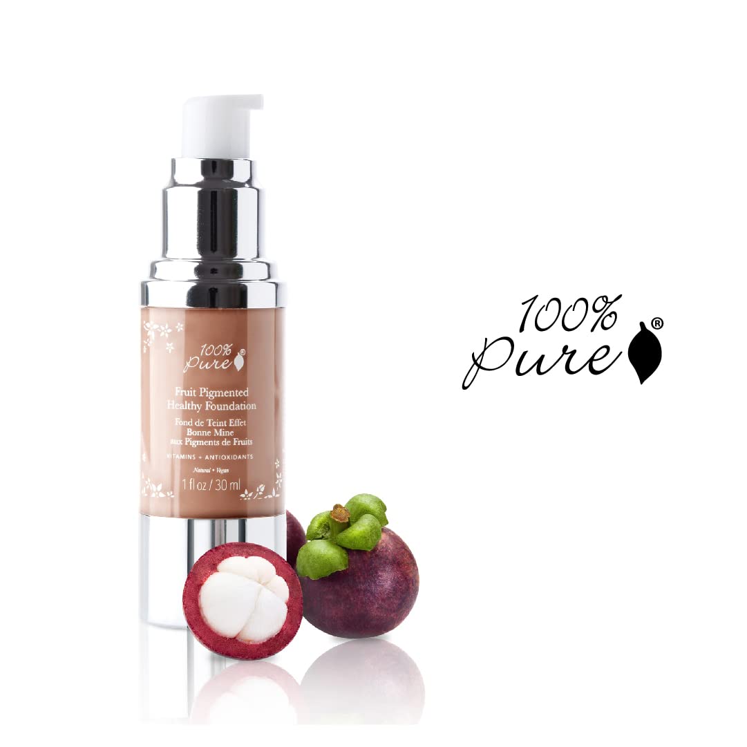100% PURE Healthy Foundation Full Face Coverage Makeup, Liquid Matte Finish with Anti-Aging Benefits - Vegan Gorgeous Fruit Pigmented Toffee Color (Tan with Neutral Undertone) - 1 Fl Oz