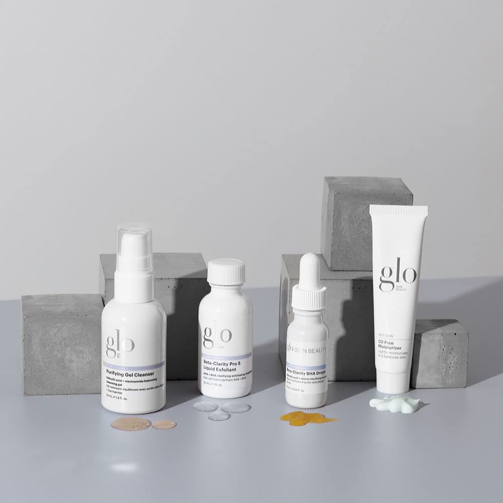 Glo Skin Beauty Clarify + Balance Skincare Set for Breakout Prone Skin - Mini Purifying Gel Cleanser, Mini Oil Free Moisturizer, Mini Beta-Clarity BHA Drops, Mini Beta-Clarity Pro 5 Liquid Exfoliant