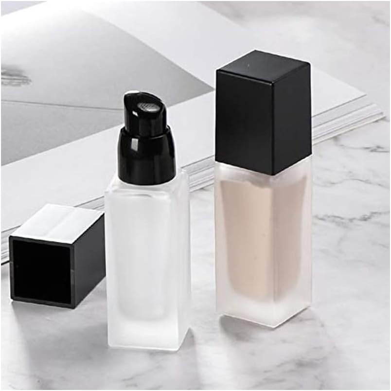 2 Pack 30ml/1oz Empty Frosted Glass Foundation Bottle, Travel Refillable Square Lotion Pump Bottles for Essential Oils Liquid Body Cream Cosmetic Samples Vials