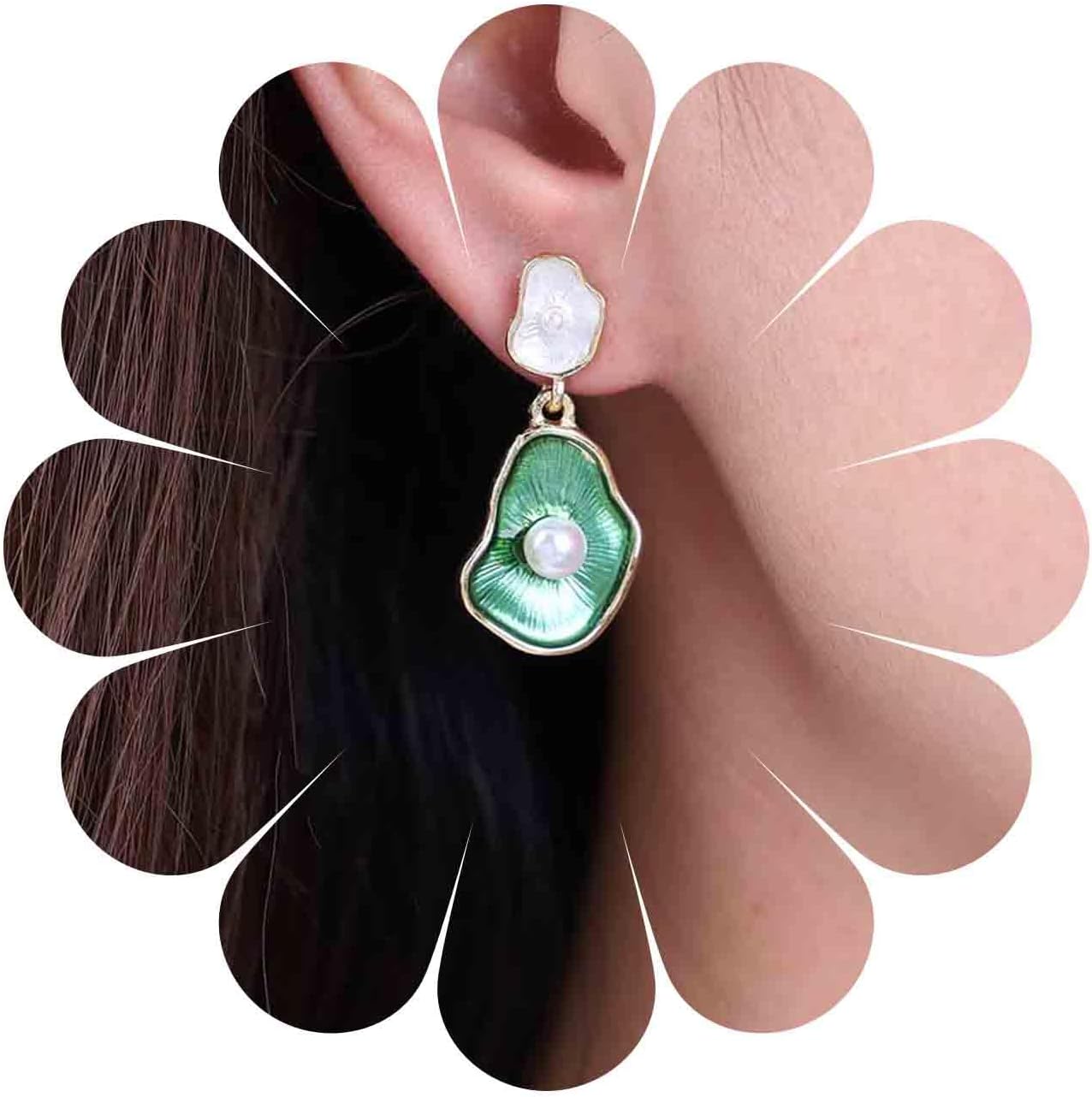 Vintage Lotus leaf Pearl Drop Earrings Green Lotus Leaf Earrings Green Enamel Flower Earrings Gold Irregular Pearl Earrings Jewelry for Women