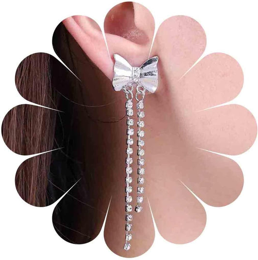 Vintage Bow tennis chain Drop Earrings Long Crystal Chain Earrings Silver Bow Cz Tassel Earrings Sparkly Cz Bowknot Stud Earrings Jewelry for Women