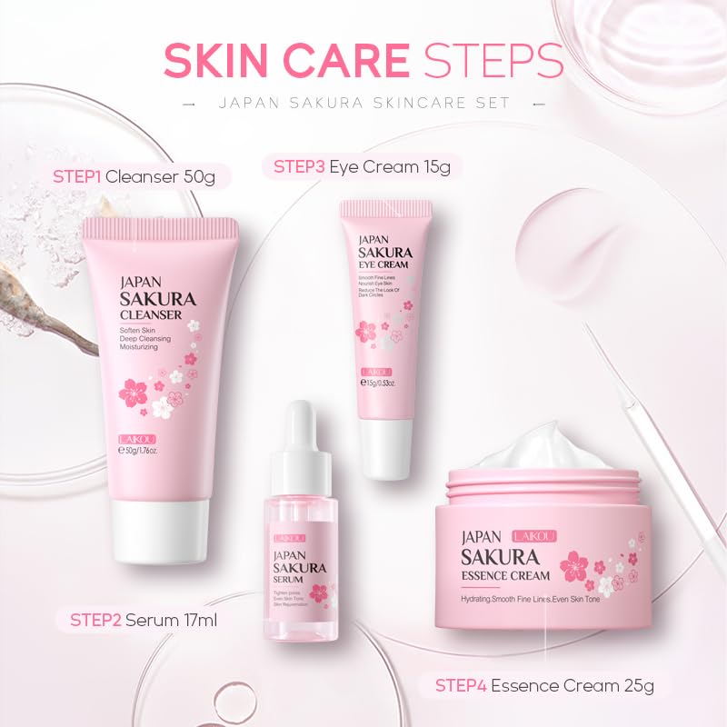 Skin Care Set JAPAN SAKURA Beauty Gift Sets Skin Care Kit with Cleanser, Serum, Eye Cream, Face Cream Travel Kit for Women Mom Wife Teen Girls Gentle Skin Cleaning TSA-friendly Sizes 4pcs