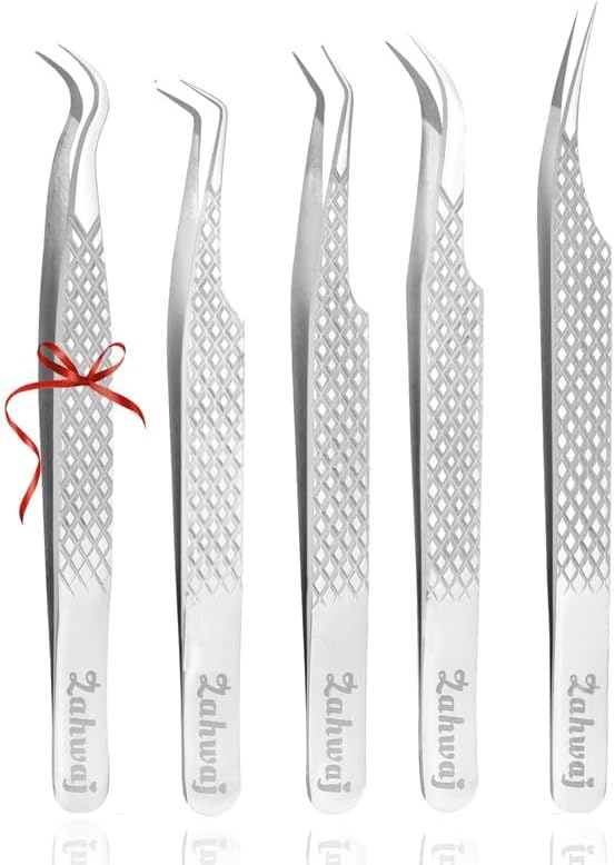 Lash Tweezers - Set of 5 Diamond Grip Eyelash Tweezers - Stainless Steel Professional Fiber Tip Lash Tweezer for Eyelash Extensions (Silver)