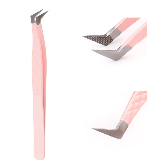 Lash Extension Tweezers Fiber Tips Volume Lash Tweezers Curved Precision Pink Eyelash Tweezers 90 Degree Angle Boot Great for Larger Fans Eyelash Extension Tweezers Professional