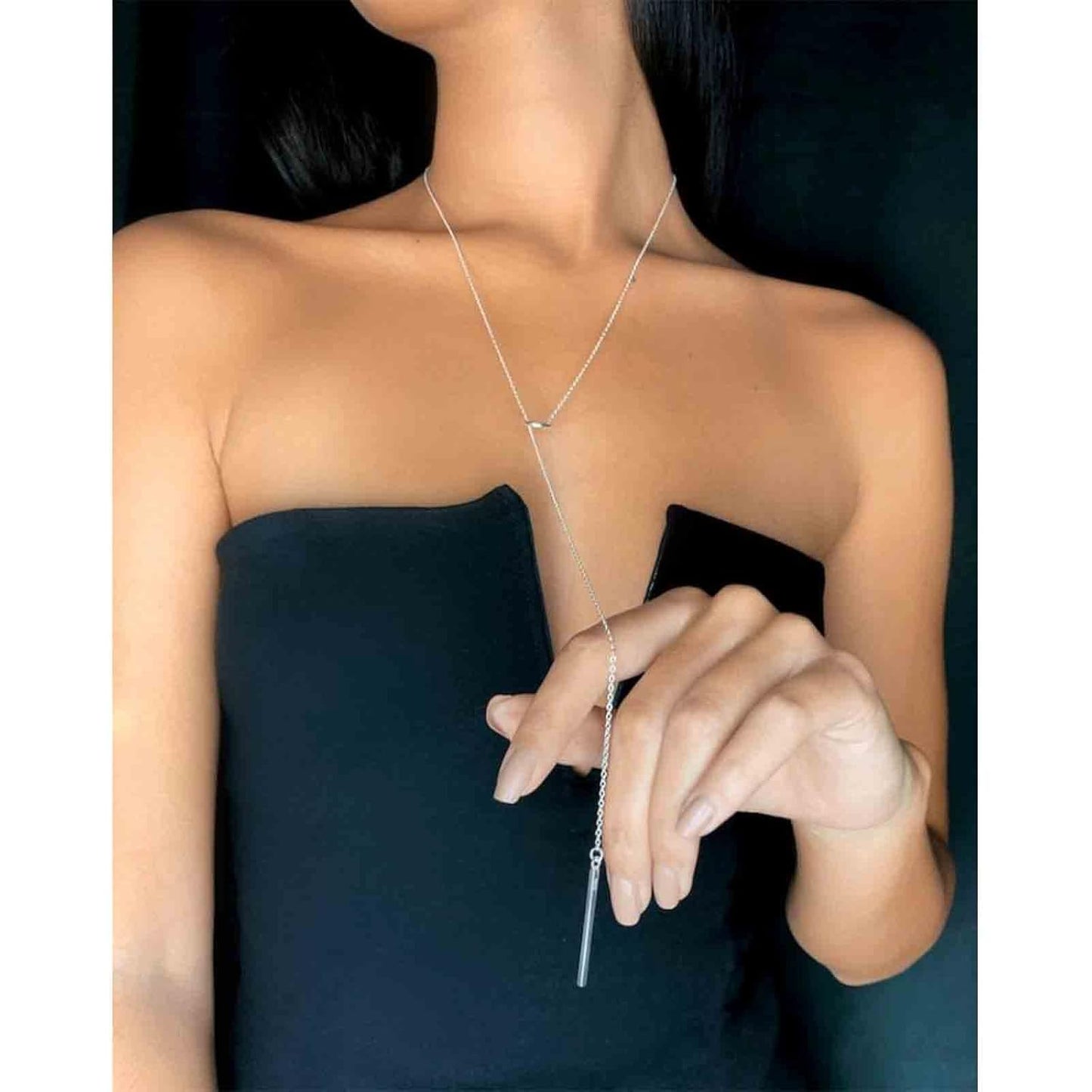 Boho Circle Bar Lariat Necklace Silver Drop Bar Y Necklace Open Circle Necklace Long Vertical Bar Necklace Chain Jewelry for Women and Girls Gifts