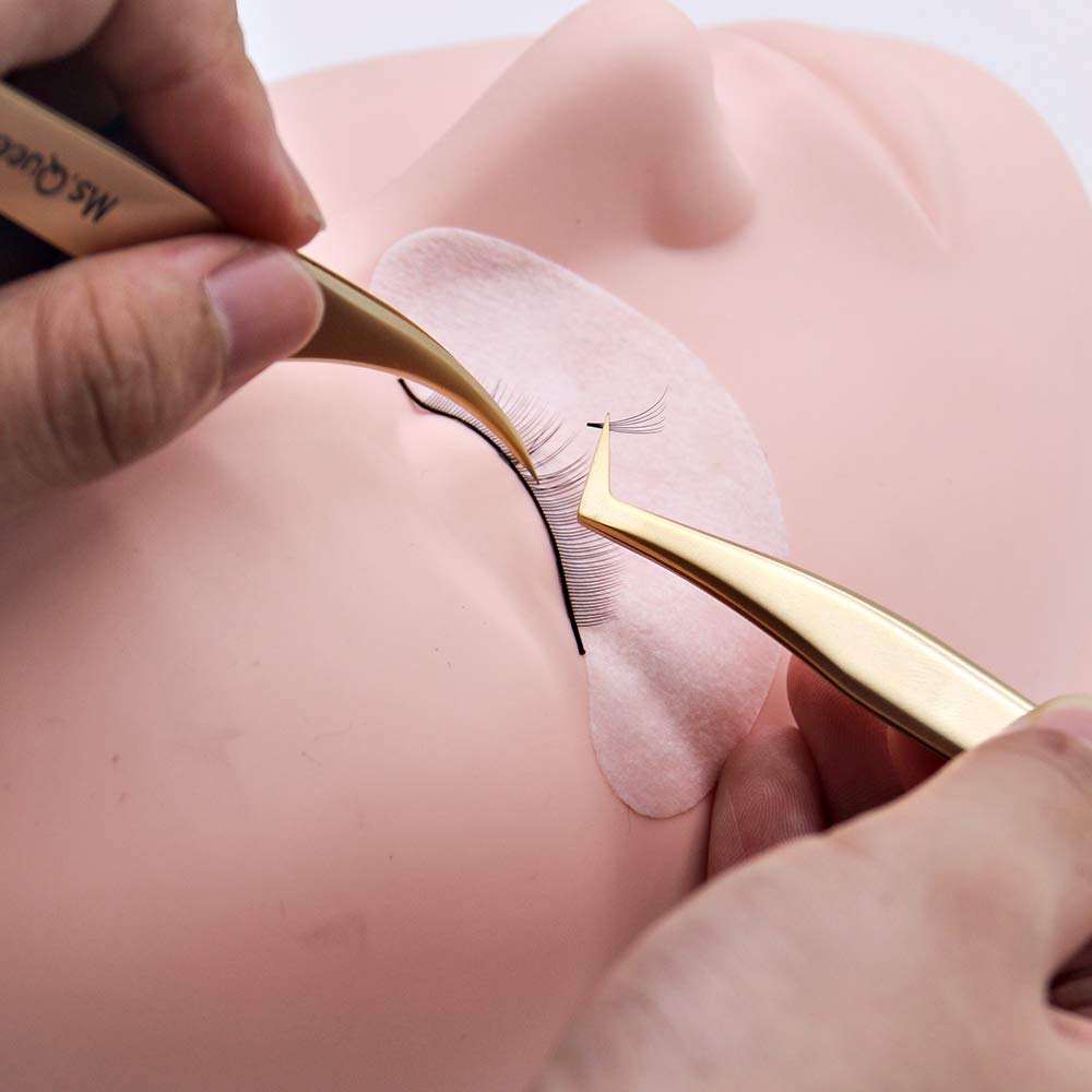 Ms.Queen Eyelash Extension Tweezers Set-Precision Tweezers for 2D-6D Volume&Individual False Lashes Extensions with PU Storage Case-Golden (Dolphin Tweezers/M003-3)