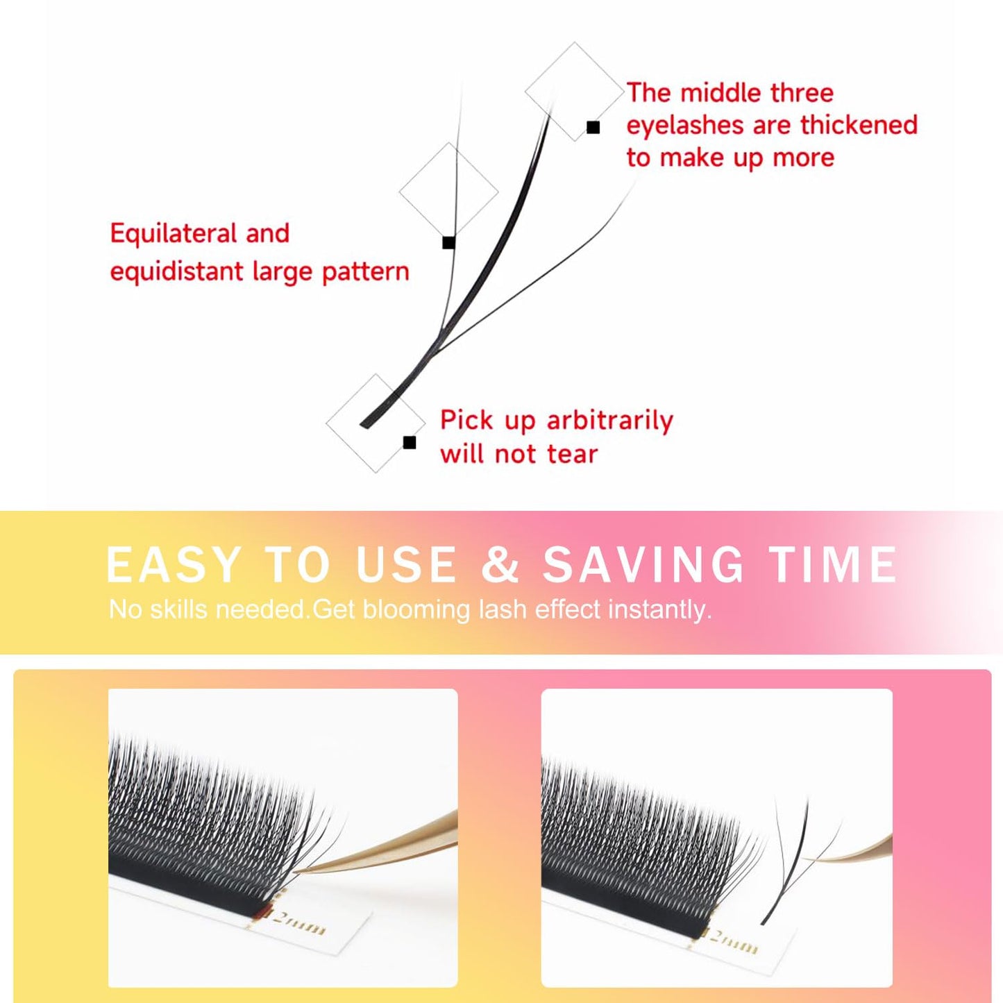 Lash Extensions Three Core Tips 3D Eyelash Extensions W Shape 0.07mm Thickness D Curl 15mm Premade Fans Easy Fan Volume Lashes Matte Black Crisscross(W-3D-Three Core-0.07-D,15mm)