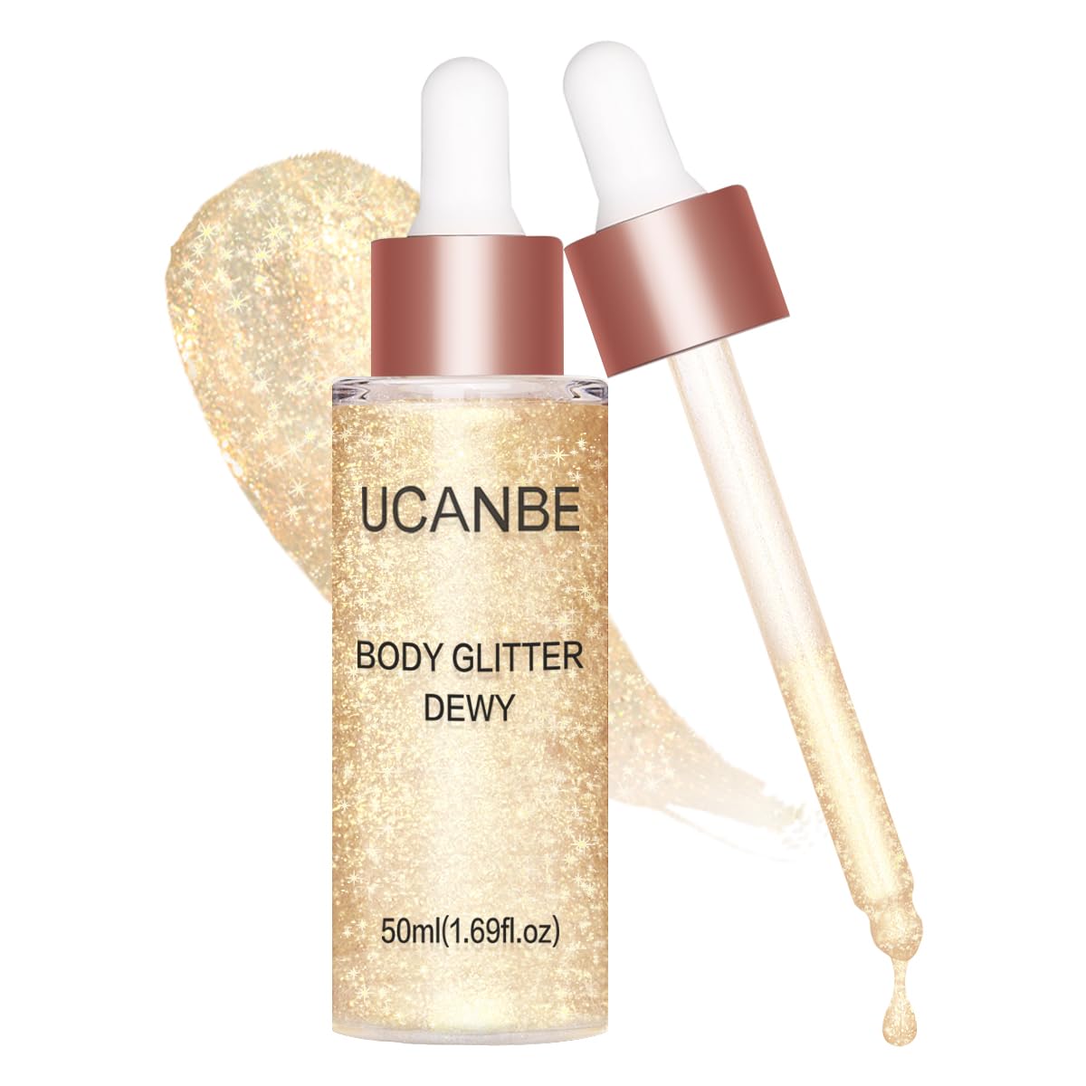 UCANBE Hydrating Body Shimmer Face Glitter Highlighter Makeup Liquid Glow Lotion for Women Holographic Luminizer for Hair for Valentine's Day Gifts (Champagne Gold - 01)