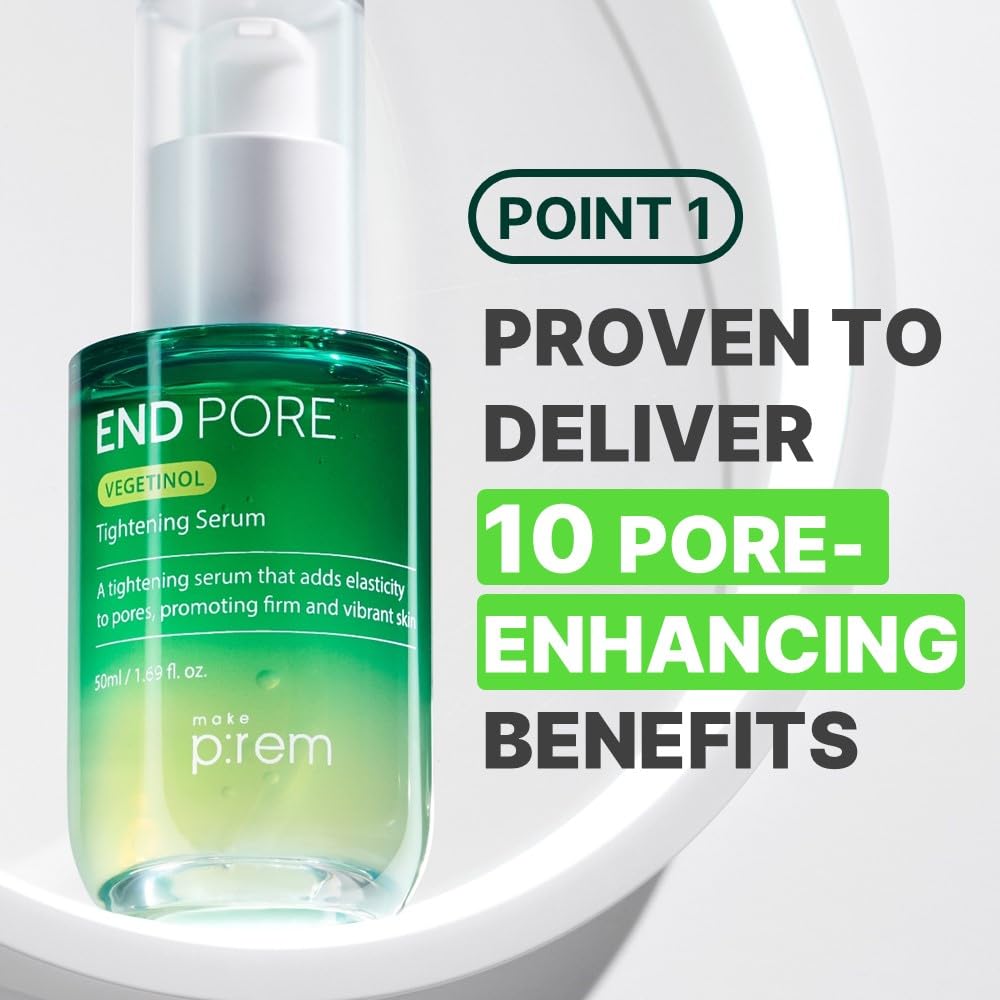 MAKE P:REM End Pore Vegetinol Tightening Serum, Pore Tightening Bakuchiol Serum with Vegan Collagen and Vitamin B Complex for Sensitive Skin, Korean Skin Care, 1.69 Fl. Oz, 50ml