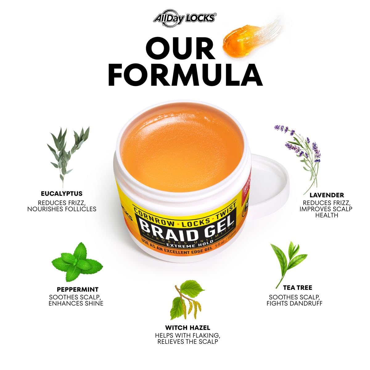 AllDay Locks Braid Gel (10 oz) | Extreme Hold, High Shine | Frizz & Flake-Free Edge Control | Tea Tree, Lavender, Peppermint Oil | Slick & Style Braids, Locks, Twists, Cornrows | 10 oz